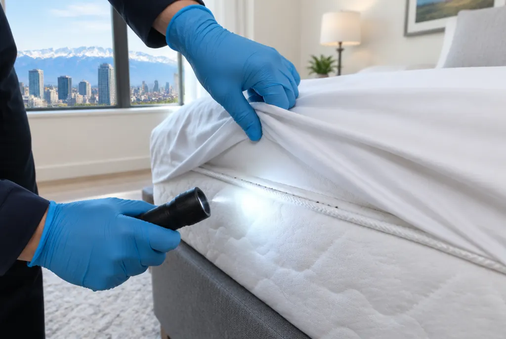 Checking mattress seams for bed bug signs in a Denver bedroom