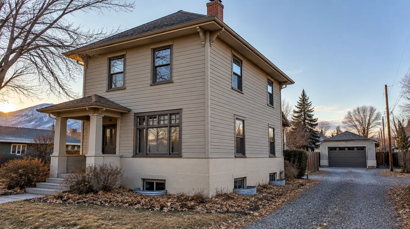 Sand-colored Denver Square home with basement window wells, a common mouse entry area