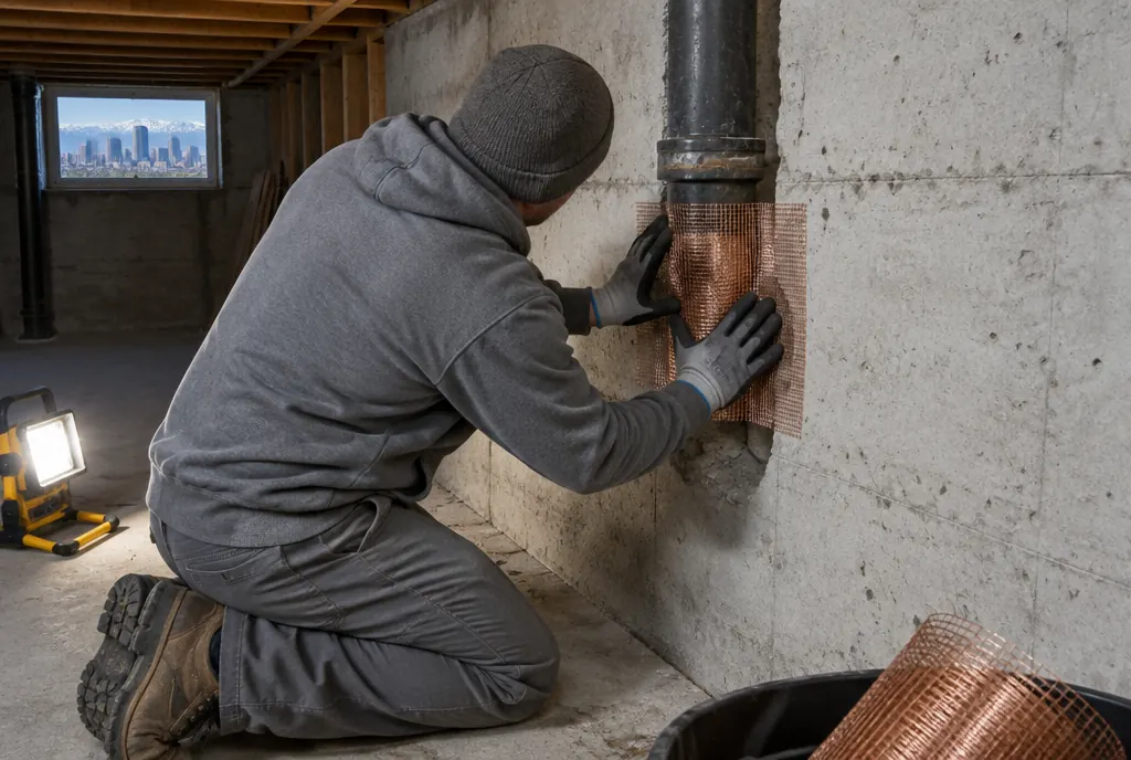 Sealing a pipe gap in a Denver basement as part of rodent control