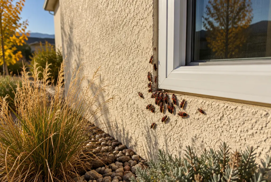 Boxelder bugs gathering on the sunny wall of a Denver home in fall