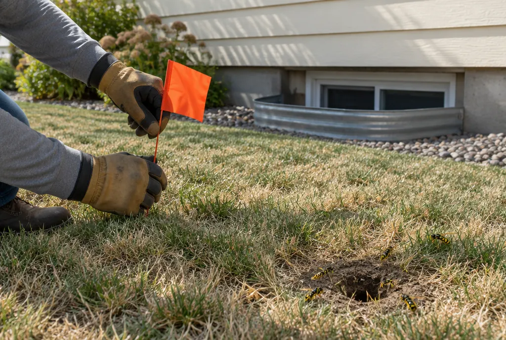 Homeowner flagging a ground-nesting yellow jacket hole in a Denver lawn