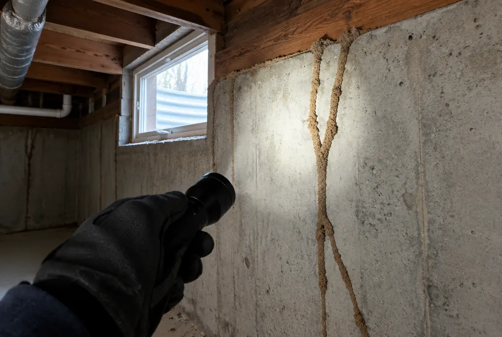 Subterranean termite mud tubes on a Denver basement foundation wall